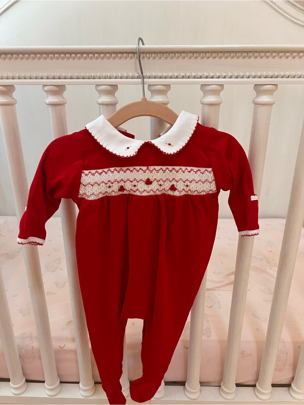 Magnolia Baby Pima CottoRed Smocked Footed One-Piece with White Peter Pan Collar
